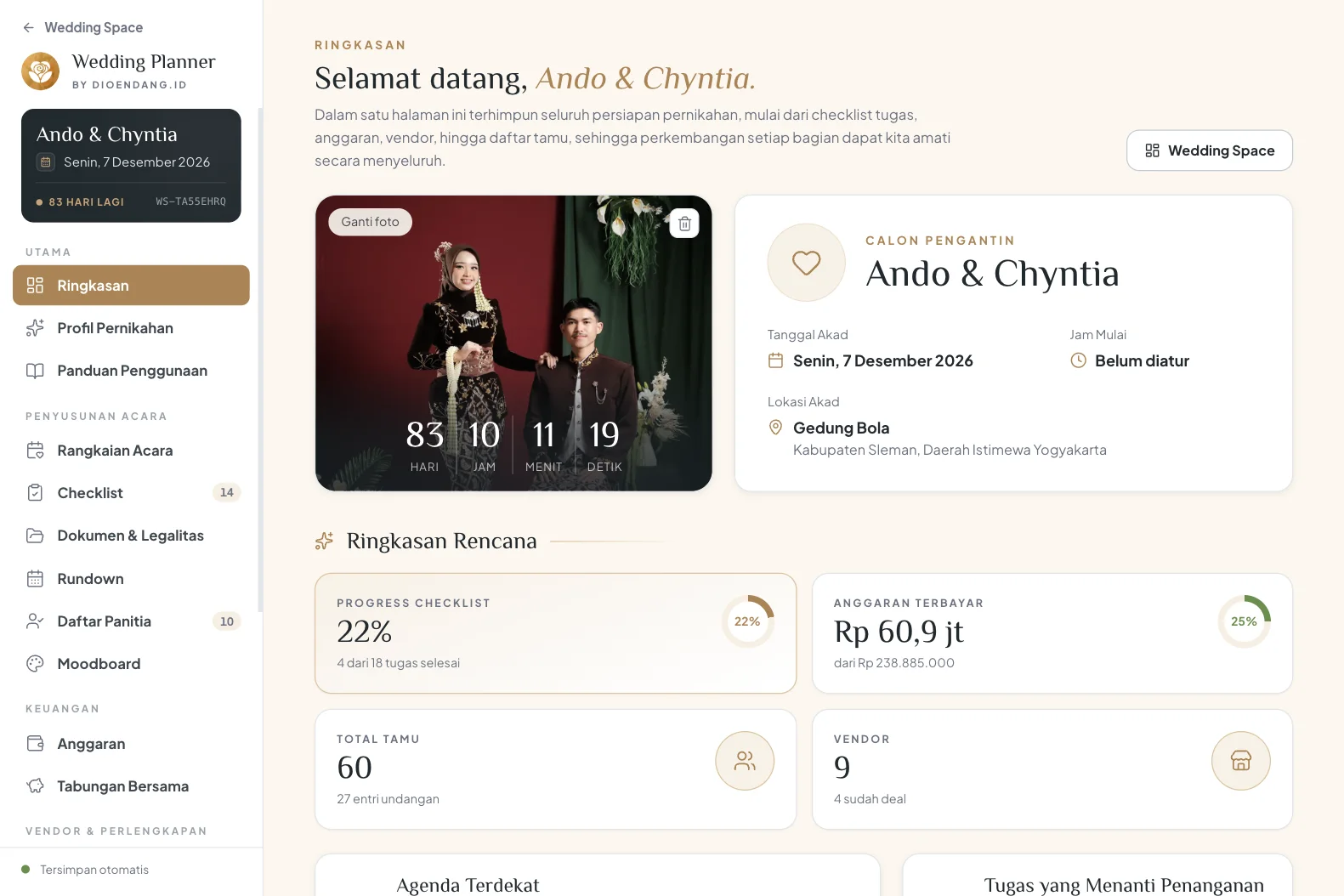 Dashboard Wedding Planner di tablet